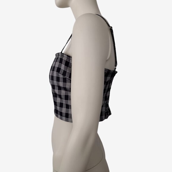 Forever 21 Black Blue Houndstooth Plaid Smocked Back Cropped Cami Top - Picture 4 of 11